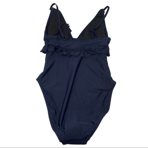 J. Crew Long Torso Ruffle Deep V One Piece Swimsuit Size 0 Navy NWT - Picture 3 of 4